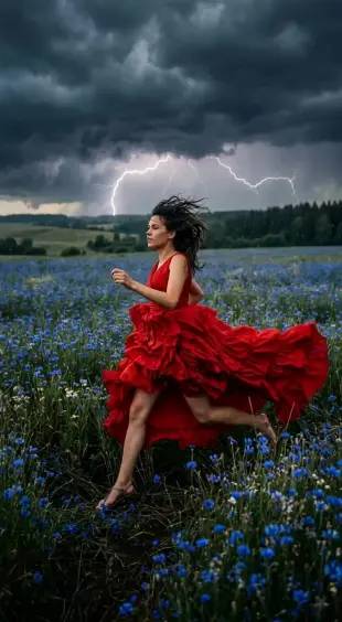 AI Video: Бежит по васильковому красивому полю девушка в пышном красном платье. Небо...