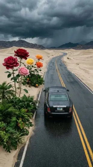 AI Video: Едет дорогая машина, на большой скорости, по трассе, с желтыми полосками,...