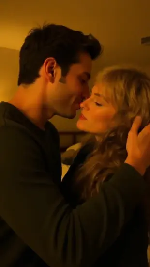 AI Video: He chuckles against her lips, chest rising, then slowly pulls back. He locks...