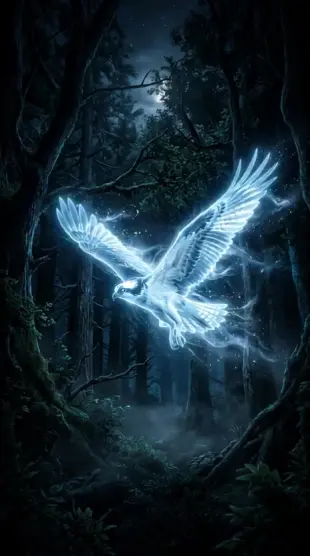 AI Video: An osprey patronus glowing and flying around in a dark forest. As it flies...