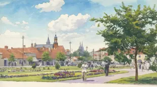 AI Video: Ludzie leniwie spacerują, chmury płyną po niebie