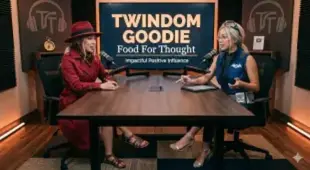 AI Video: beautiful blonde asian twin sisters having a podcast discussion on wise...