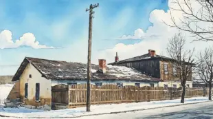 AI Video: Chmury płyną po niebie, delikatne zbliżenie na budynek