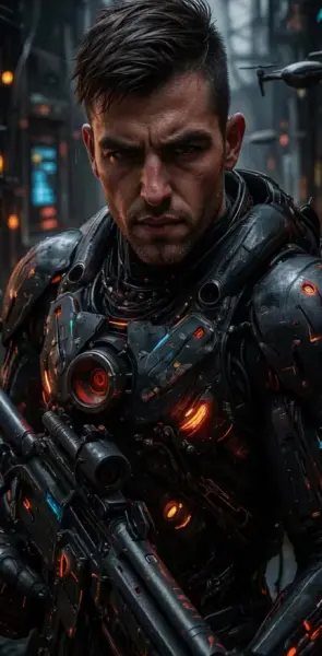 AI Video: Moves forward like a soldier as the camera zooms out and then aims and starts...