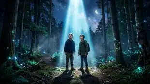 AI Video: due ragazzini maschi in una notte stellata nel bosco vengono teletrasportati...
