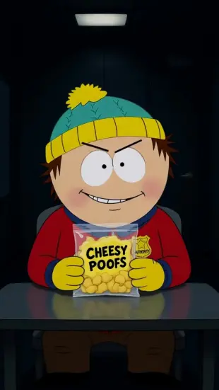 AI Video: He chuckles, nudging his elbow outward, then lifts a cheesy poof to his...