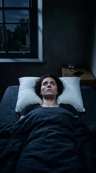 AI Video: A person lying in bed in a dark room. Only moonlight coming through the...