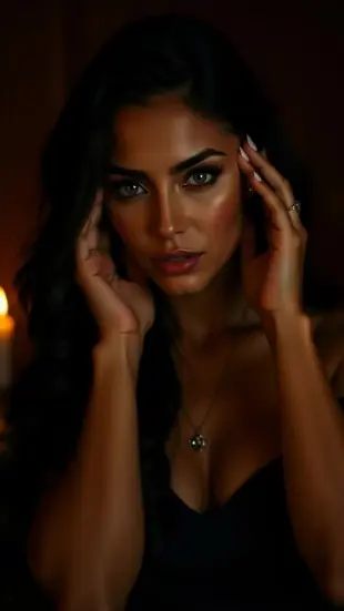 AI Video: She pulls you closer, fingers tightening around wrists, lips brushing your...
