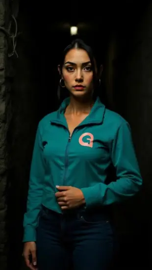 AI Video: Hands drop from badge, shoulders square, jaw tightens. Head tilts forward,...