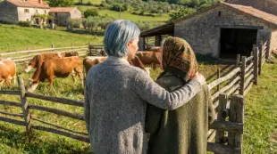 AI Video: The picture shows two elderly women. They are a mother and daughter standing...