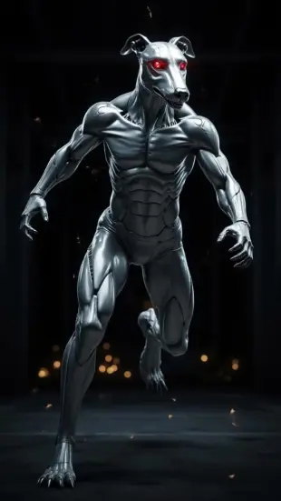 AI Video: Chest heaves rhythmically, metallic plates grind and shift against one...