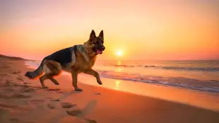 AI Video: make my german shepherd dog walking in a straight line along the sea shore