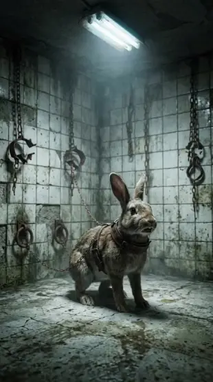 AI Video: • Rabbit trapped in a Saw-style game realistic