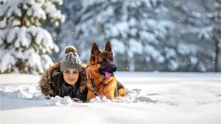 AI Video: PLEASE Preserve the face/head of both the dog and the girl. It's snowing...