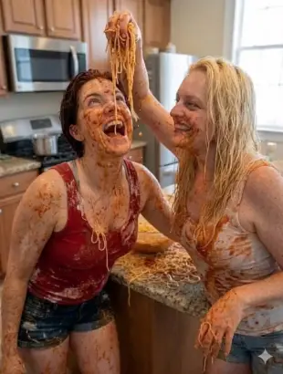 AI Video: Show the woman on the right filling the other woman's mouth with noodles then...