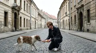 AI Video: A man in a leather jacket gives a stray dog ​​food and pats its head