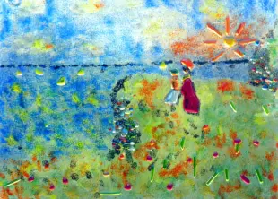 AI Video: Let the sun go down while mother and daughter walk on the cliff