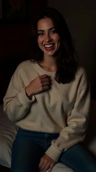 AI Video: She maintains steady eye contact, rhythmically moving her hand, chest rising...