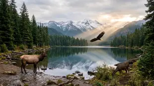 AI Video: Create a photorealistic and cinematic Oregon landscape that includes forests,...