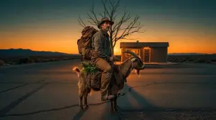 AI Video: A man with a backpack on his back rides a goat that has a saddle on its back...