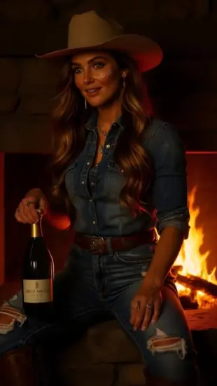 AI Video: She tilts the bottle in a slow salute, sets it aside, and leans back. Her...