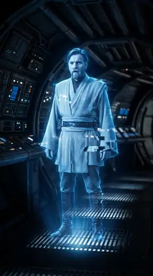 AI Video: Vertical 9:16 cinematic video, hologram of Jedi Master Obi-Wan Kenobi, blue...