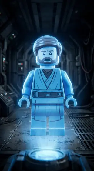 AI Video: Vertical 9:16 cinematic video.
A blue transparent hologram of LEGO Obi-Wan...