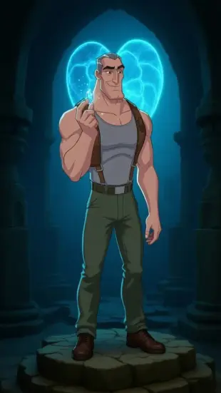 AI Video: He stands firm, chest rising rhythmically. He slowly pulls a cigar, eyes...