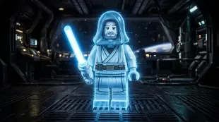 AI Video: Vertical 9:16 cinematic video, hologram of a Jedi Obi-Wan Kenobi LEGO, blue...