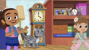 AI Video: Alma’s Way Hickory Dickory Dock. Little girl wear dress, and Alma stand....