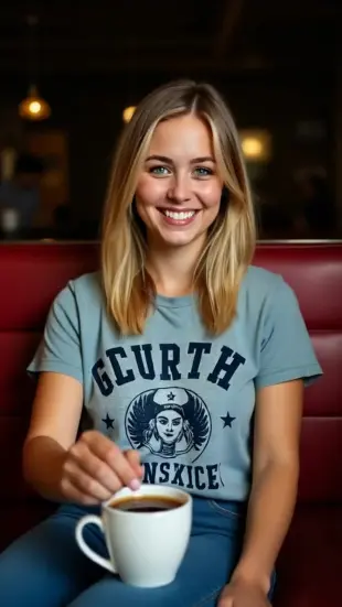 AI Video: She leans back, chest rising slowly, eyes tracking the other person. She...
