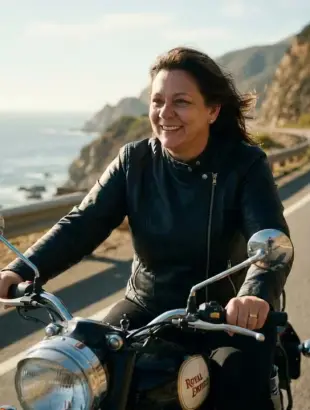 AI Video: Gere um video desta moça da imagem andando com uma moto da decada de 60 com...