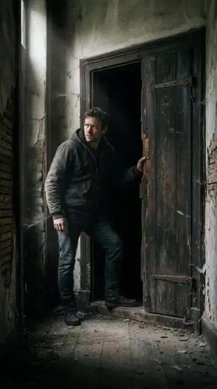 AI Video: Handheld shaky camera following the man as he opens the old wooden door and...