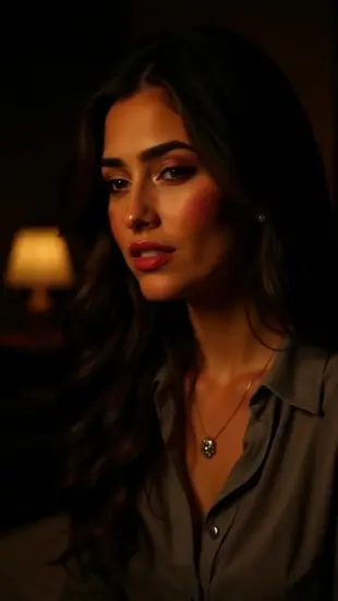 AI Video: She leans in close, head tilting to press lips against jawline. Eyes flutter...
