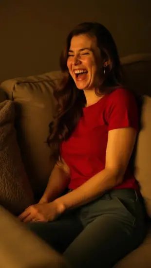 AI Video: She lets out a bright, airy laugh, shoulders shaking. She squeezes into the...