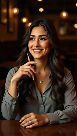 AI Video: She lets out a low chuckle, shoulders relaxing. She taps her pencil...