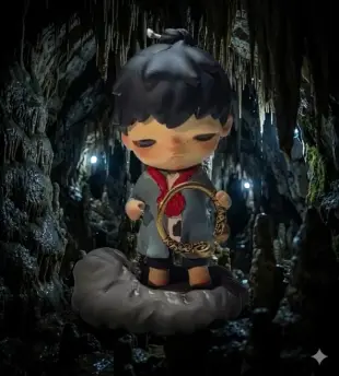 AI Video: Move the figure's arms slowly to place the circlet he is holding onto his...