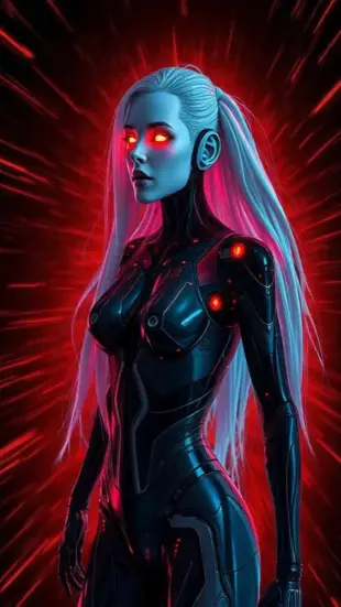 AI Video: Holographic form flickers, head tilts sharply, red eyes glow intensely. Mouth...