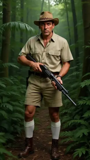 AI Video: He blinks, slowly lowers his shotgun, and tilts his head sideways. One...