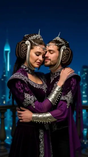 AI Video: She pulls him closer, arms tightening around his neck. Her chest rises with...