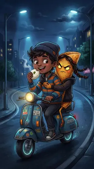 AI Video: “Cute dark cartoon animation of a boy riding a scooter at night while happily...