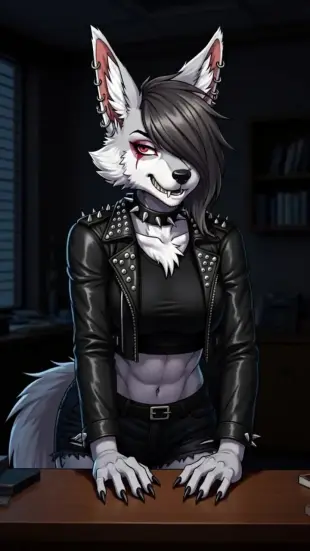 AI Video: Claws dig into desk, she stands abruptly. Ears swivel forward, crimson eyes...