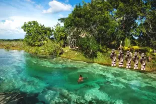 AI Video: Let the Indian swim to the left while the five Indians standing on the...