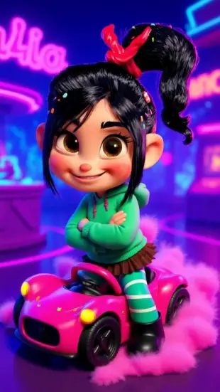 AI Video: Vanellope glitches momentarily, stabilizes, and grins mischievously. She hops...