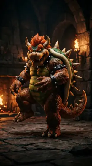 AI Video: Bowser rubbing his belly passionately and then lifting his leg up and farting