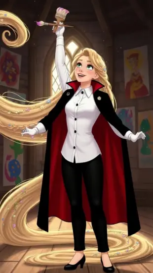 AI Video: Rapunzel She's wearing black cape with red lining, White dress shirt with...