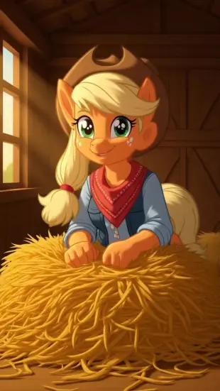 AI Video: She shifts weight against the hay, chest rising with a shaky breath. Her...