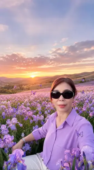 AI Video: Tiny, pale purple butterflies fluttered around her, and one landed on her...
