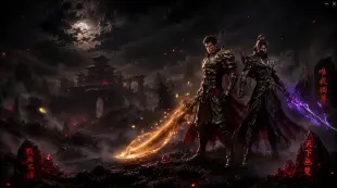AI Video: Epic dark fantasy Metin2 launcher background.Warrior and Sura standing on the...