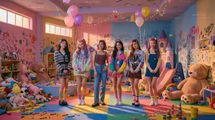 AI Video: A cinematic K-pop girl group teaser video. Six girls in colorful kidcore...